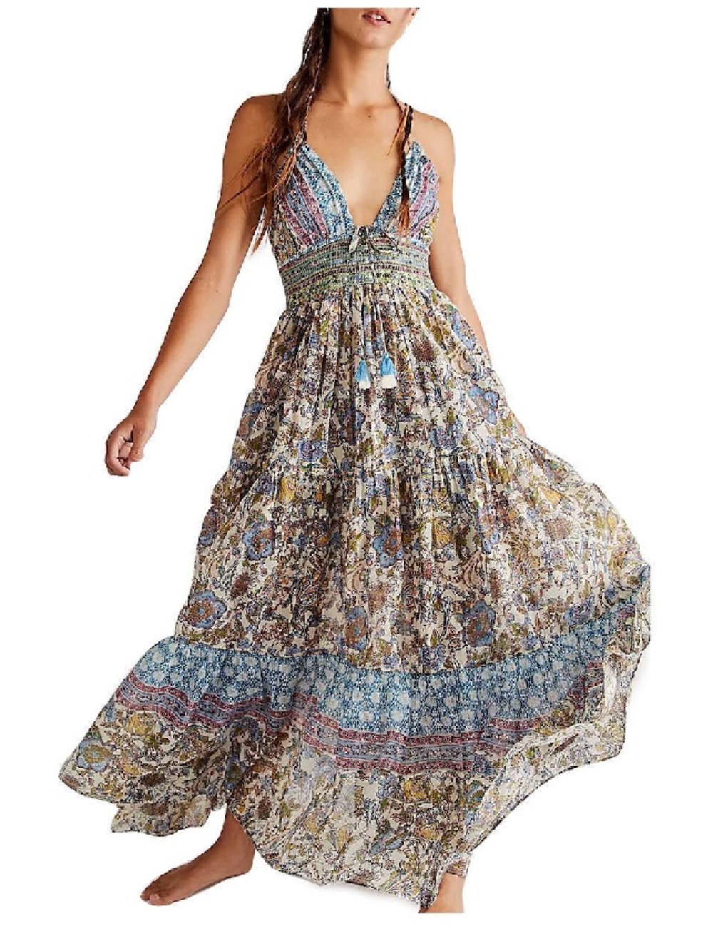 Free People Boho Floral Maxi Dress in Blue and Cream